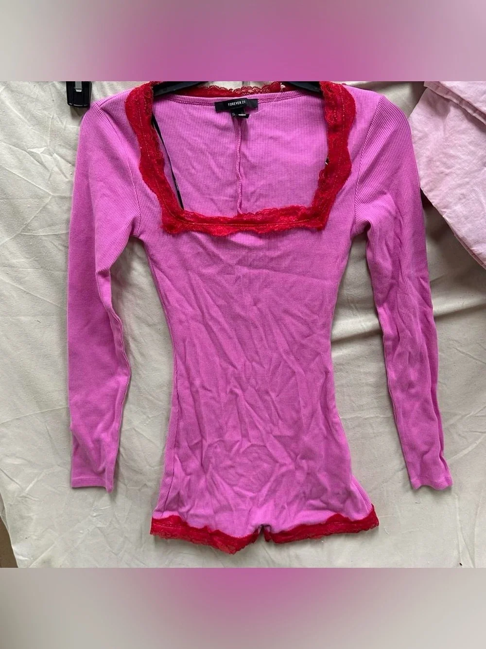 Valentine’s Day pink and red lace online sleeve shorts onesie one piece.